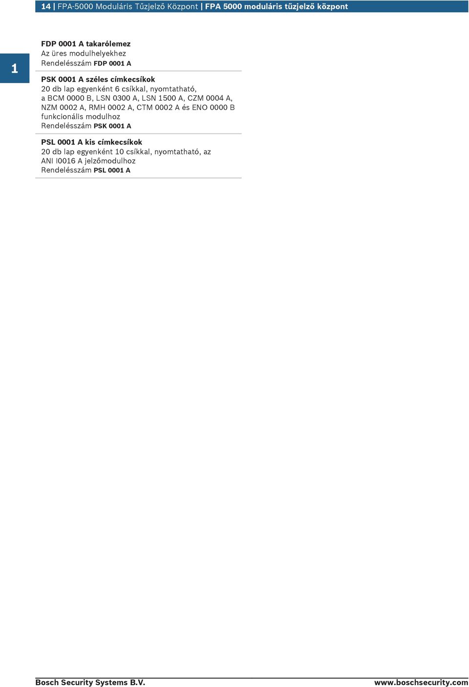 A, LSN 1500 A, CZM 0004 A, NZM 0002 A, RMH 0002 A, CTM 0002 A és ENO 0000 B fnkcionális modlhoz Rendelésszám PSK 0001 A