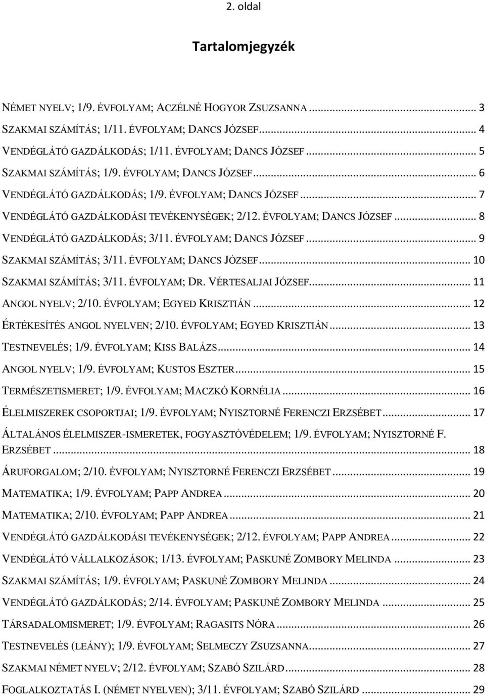 ÉVFOLYAM; DANCS JÓZSEF... 9 SZAKMAI SZÁMÍTÁS; 3/11. ÉVFOLYAM; DANCS JÓZSEF... 10 SZAKMAI SZÁMÍTÁS; 3/11. ÉVFOLYAM; DR. VÉRTESALJAI JÓZSEF... 11 ANGOL NYELV; 2/10. ÉVFOLYAM; EGYED KRISZTIÁN.