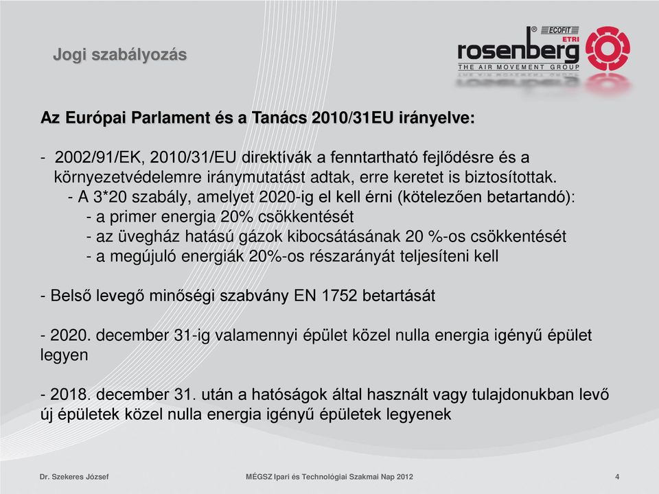 - A 3*20 szabály, amelyet 2020-ig el kell érni (kötelezően betartandó): - a primer energia 20% csökkentését - az üvegház hatású gázok kibocsátásának 20 %-os csökkentését - a megújuló energiák