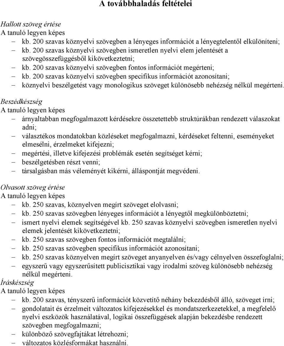 200 szavas köznyelvi szövegben specifikus információt azonosítani; köznyelvi beszélgetést vagy monologikus szöveget különösebb nehézség nélkül megérteni.