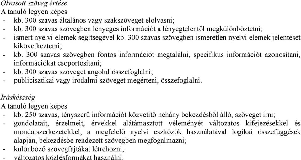 300 szavas szövegben fontos információt megtalálni, specifikus információt azonosítani, információkat csoportosítani; - kb.