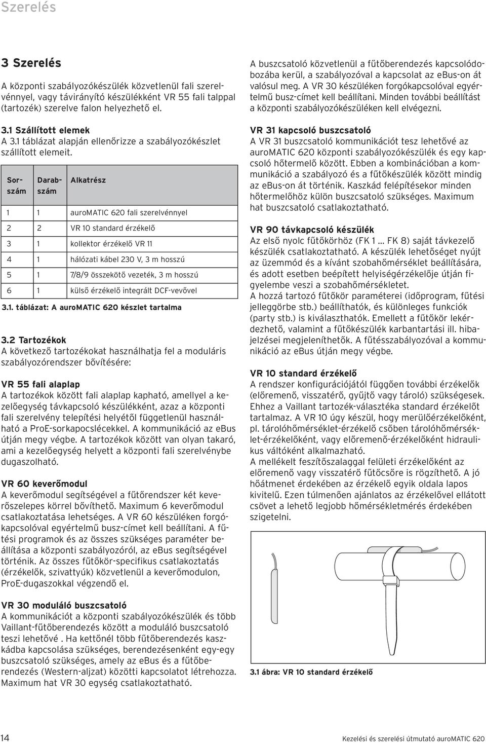 Sor- Darab- Alkatrész szám szám 1 1 auromatic 620 fali szerelvénnyel 2 2 VR 10 standard érzékelő 3 1 kollektor érzékelő VR 11 4 1 hálózati kábel 230 V, 3 m hosszú 5 1 7/8/9 összekötő vezeték, 3 m