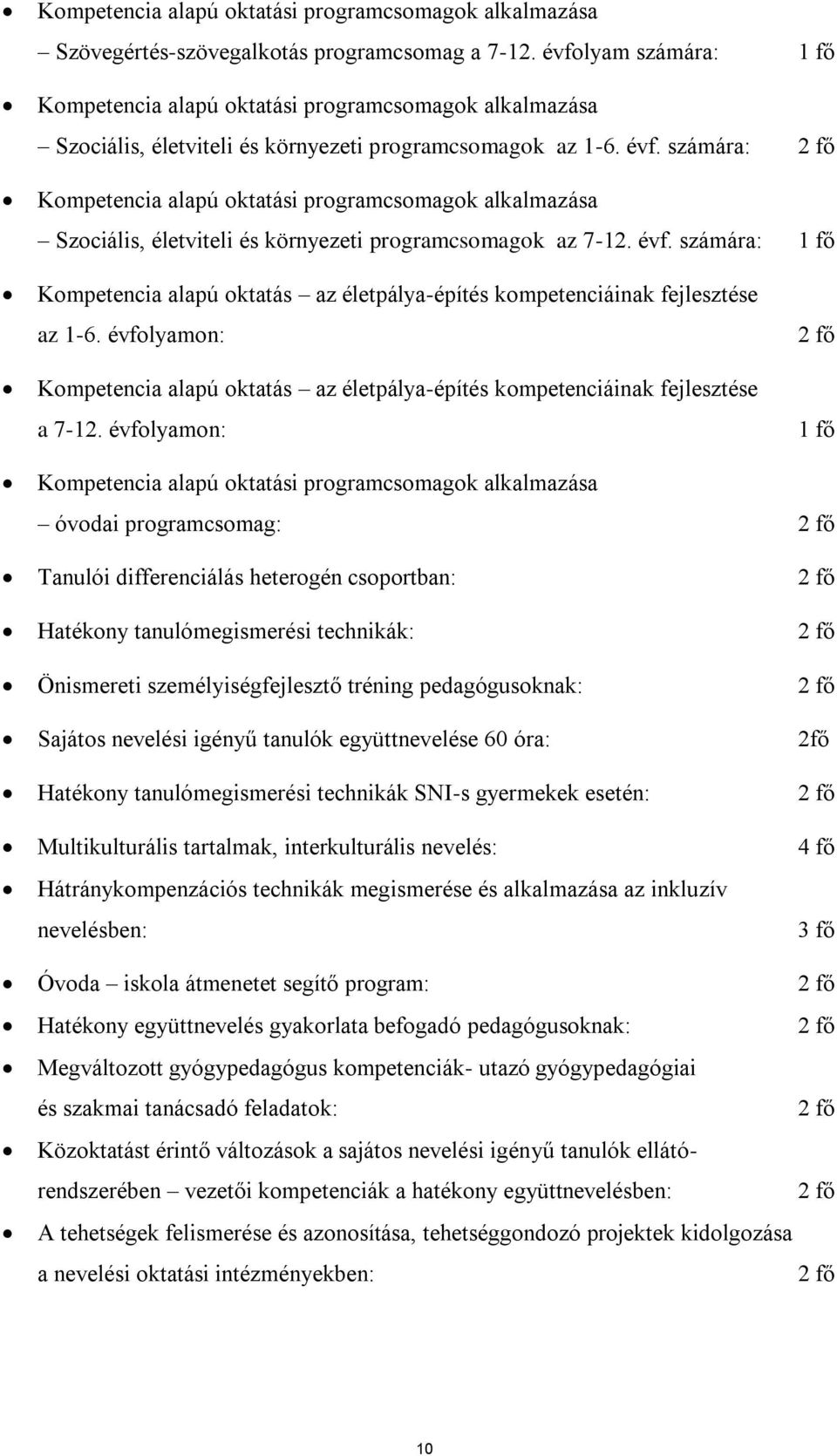 számára: 2 fő Kompetencia alapú oktatási programcsomagok alkalmazása Szociális, életviteli és környezeti programcsomagok az 7-12. évf.