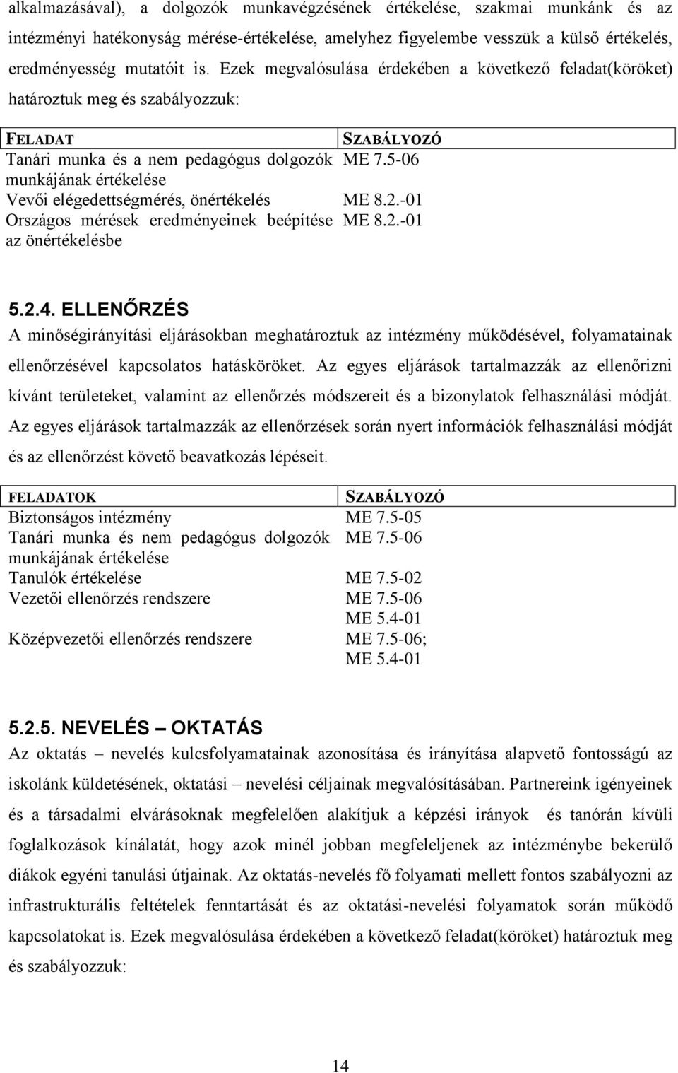 5-06 munkájának értékelése Vevői elégedettségmérés, önértékelés ME 8.2.-01 Országos mérések eredményeinek beépítése ME 8.2.-01 az önértékelésbe 5.2.4.