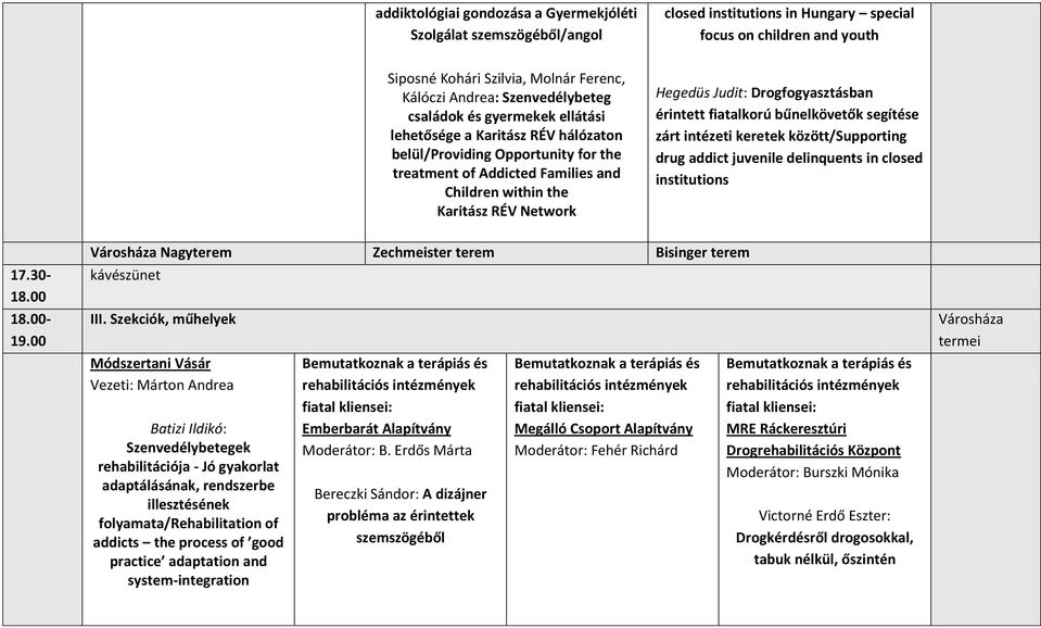 Hegedüs Judit: Drogfogyasztásban érintett fiatalkorú bűnelkövetők segítése zárt intézeti keretek között/supporting drug addict juvenile delinquents in closed institutions 17.30-18.00 18.00-19.