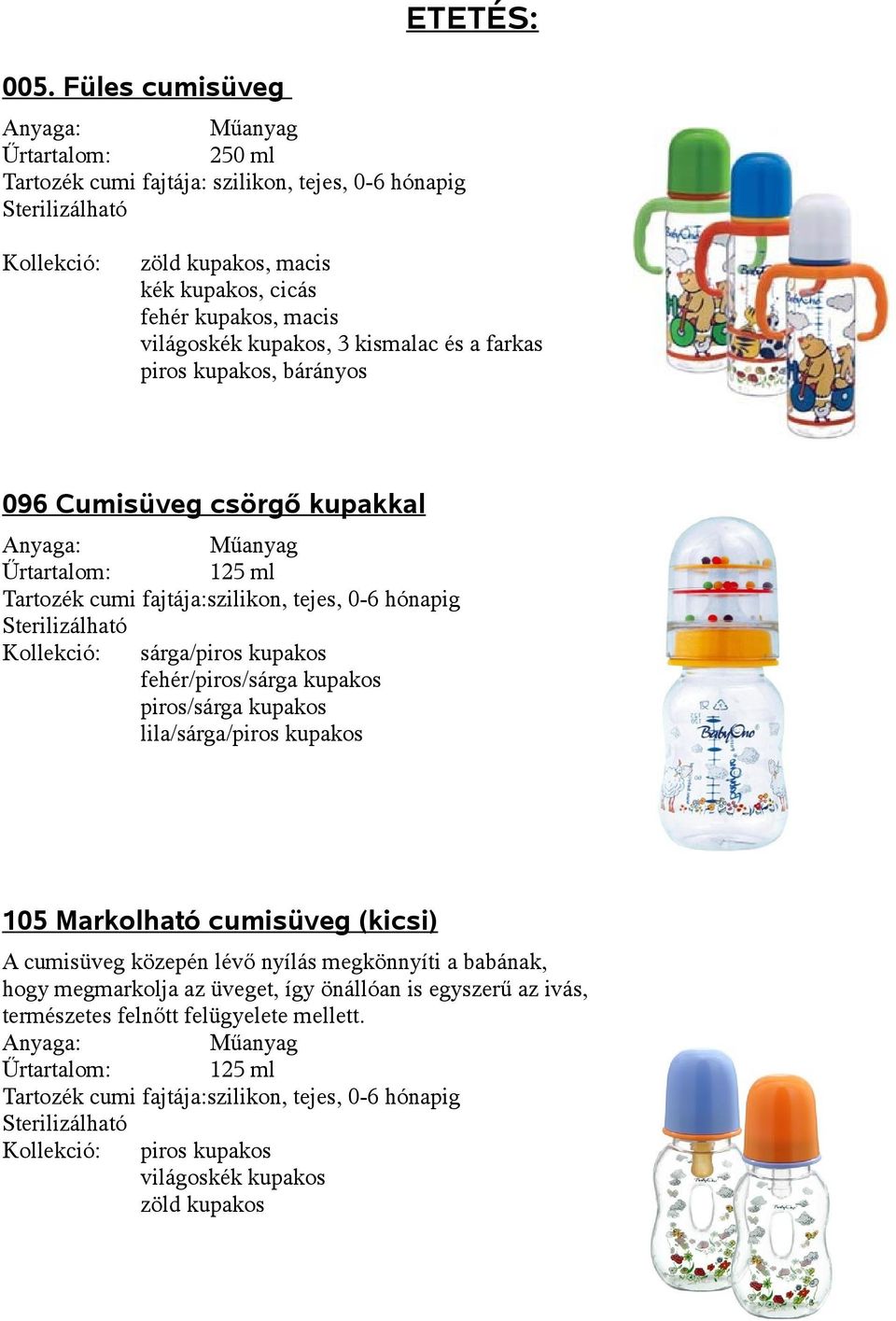 kupakos, 3 kismalac és a farkas piros kupakos, bárányos 096 Cumisüveg csörgő kupakkal Anyaga: Műanyag Űrtartalom: 125 ml Tartozék cumi fajtája:szilikon, tejes, 0-6 hónapig Sterilizálható Kollekció: