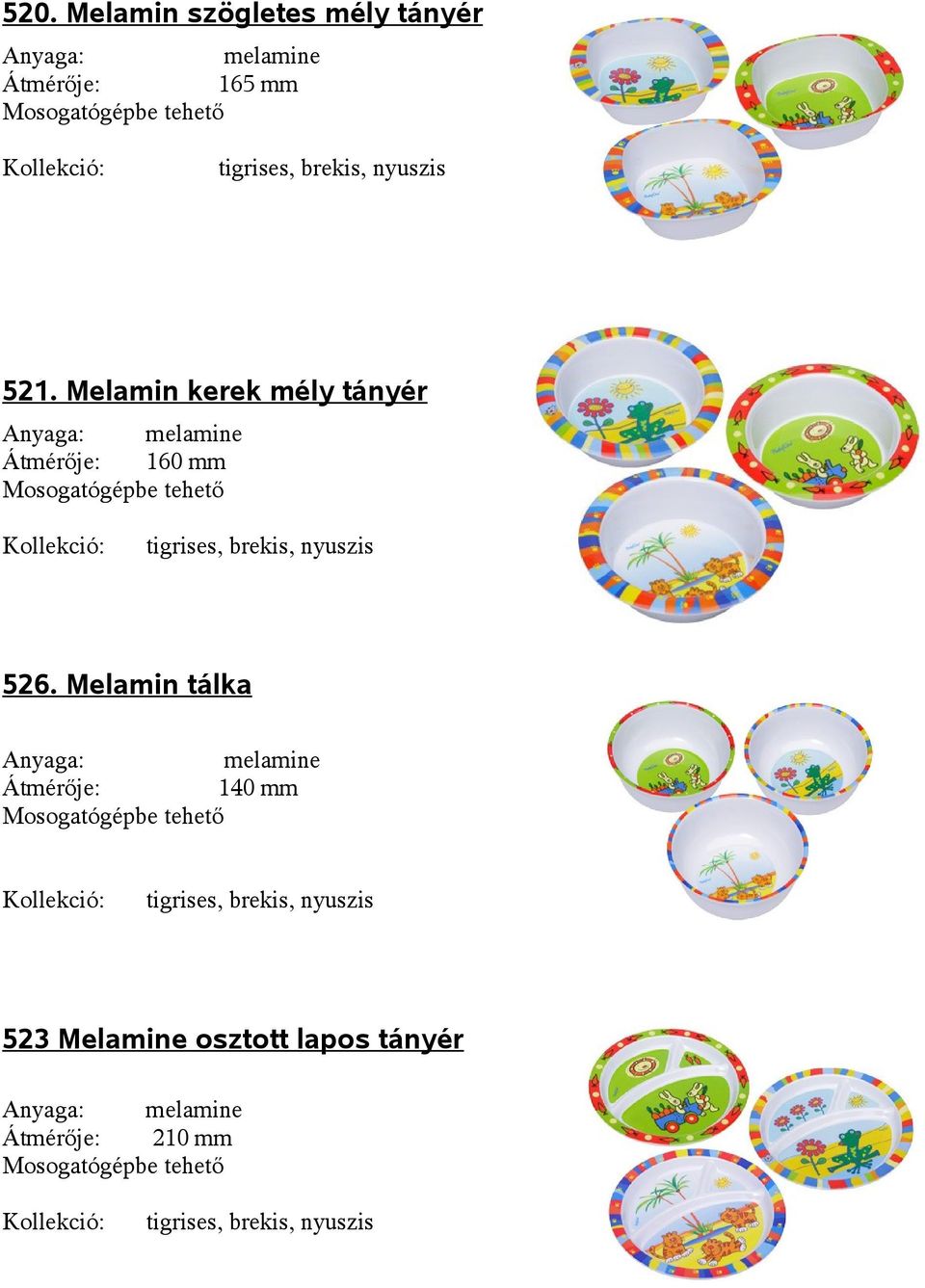 Melamin kerek mély tányér Anyaga: melamine Átmérője: 160 mm Mosogatógépbe tehető Kollekció: tigrises, brekis, nyuszis 526.