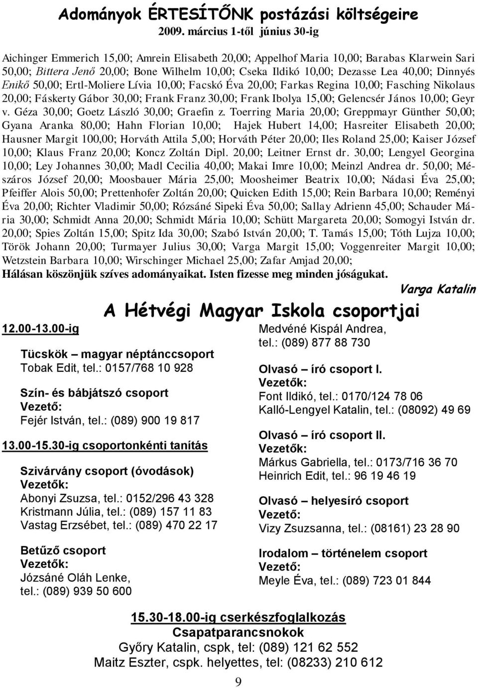 40,00; Dinnyés Enikő 50,00; Ertl-Moliere Lívia 10,00; Facskó Éva 20,00; Farkas Regina 10,00; Fasching Nikolaus 20,00; Fáskerty Gábor 30,00; Frank Franz 30,00; Frank Ibolya 15,00; Gelencsér János