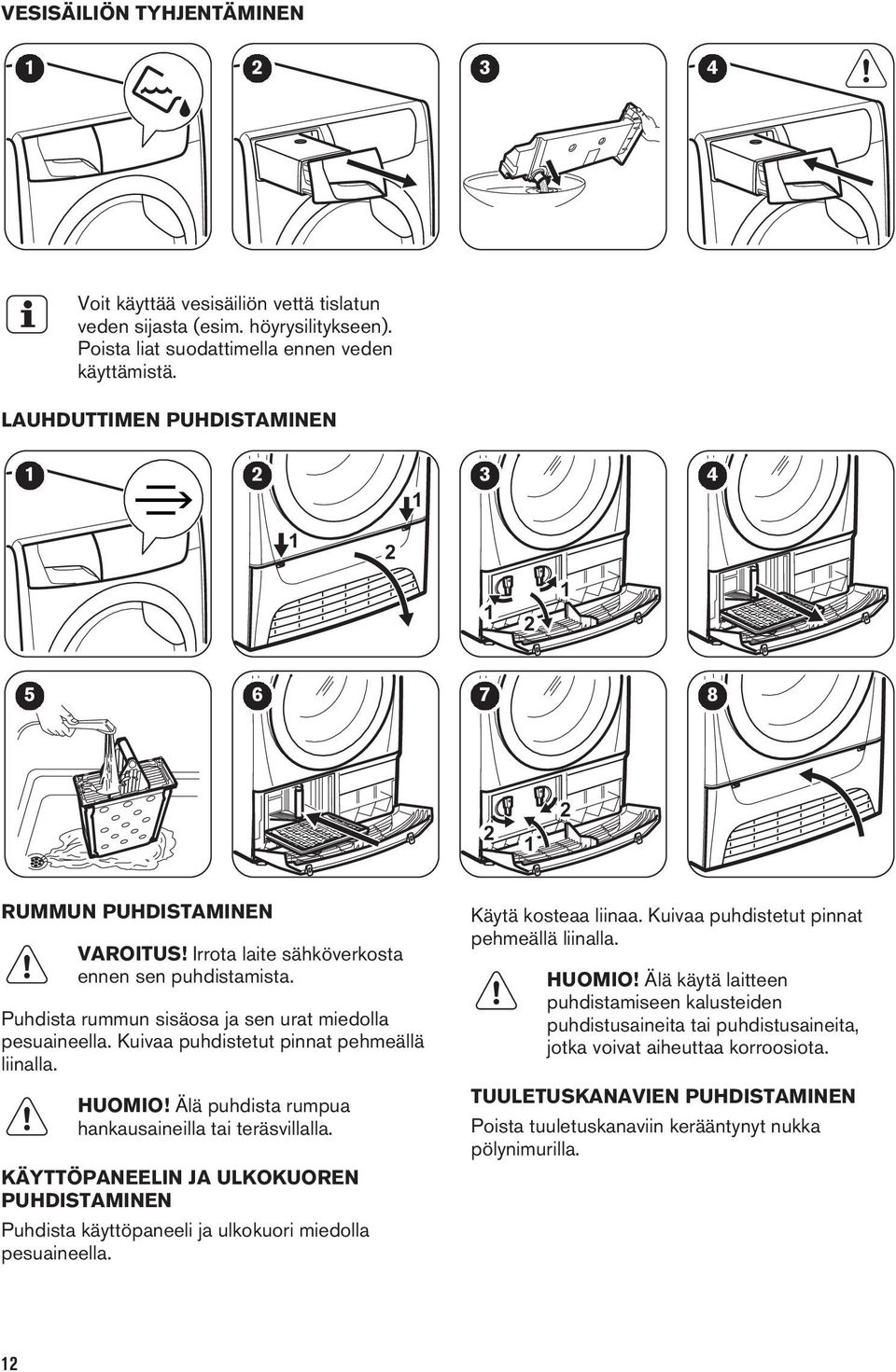 Kuivaa puhdistetut pinnat pehmeällä liinalla. HUOMIO! Älä puhdista rumpua hankausaineilla tai teräsvillalla.