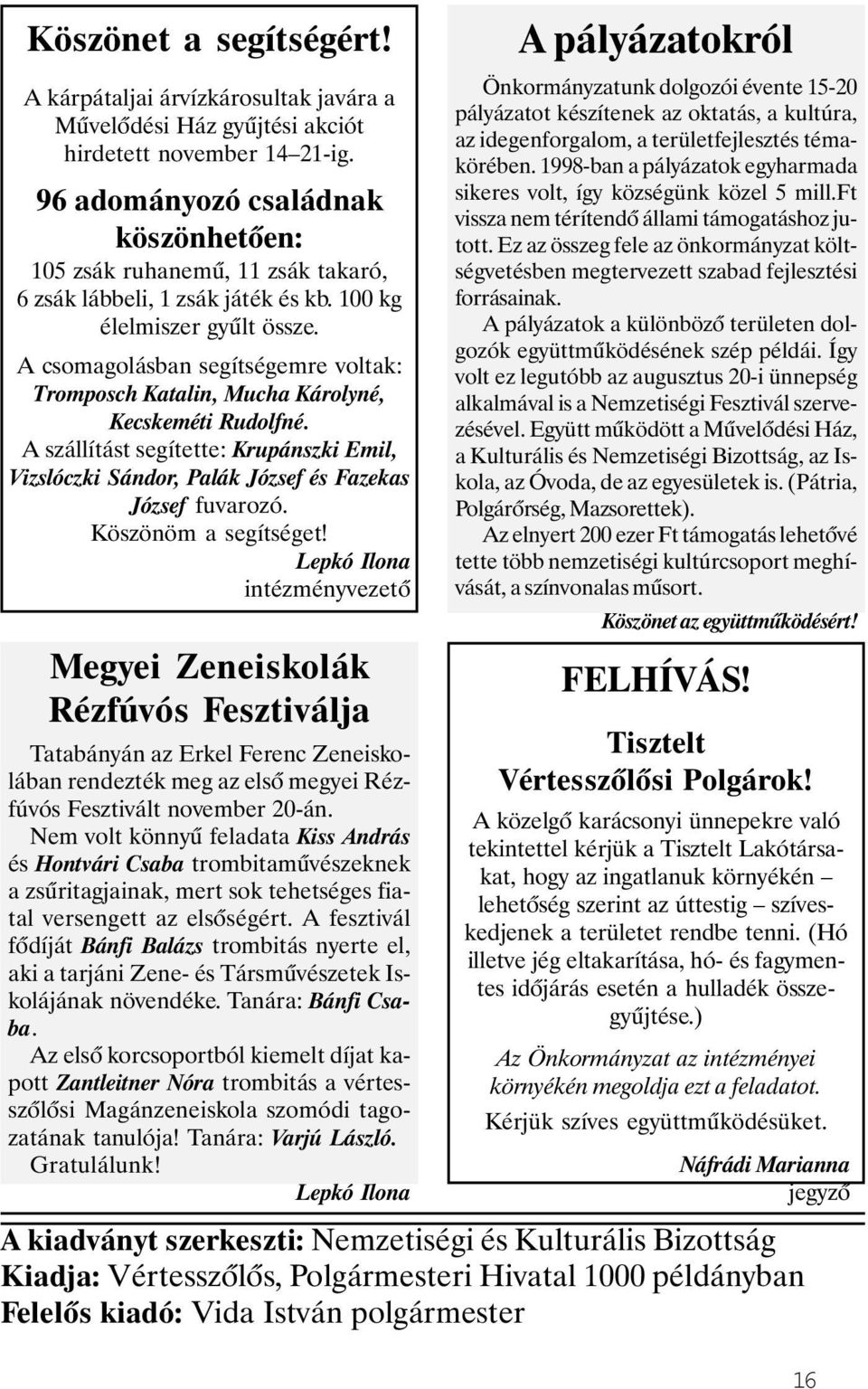 A csomagolásban segítségemre voltak: Tromposch Katalin, Mucha Károlyné, Kecskeméti Rudolfné. A szállítást segítette: Krupánszki Emil, Vizslóczki Sándor, Palák József és Fazekas József fuvarozó.