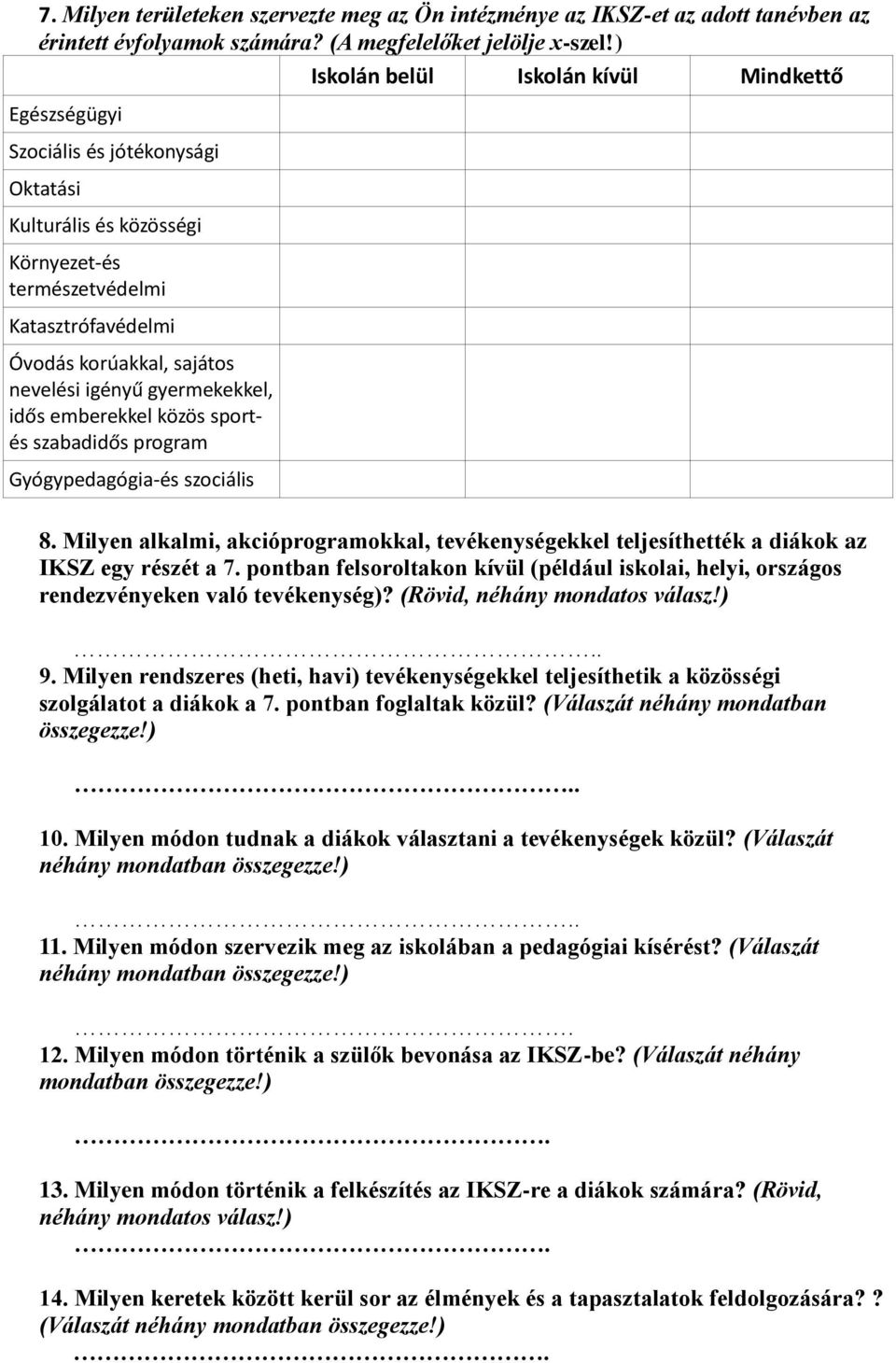 igényű gyermekekkel, idős emberekkel közös sportés szabadidős program Gyógypedagógia-és szociális 8. Milyen alkalmi, akcióprogramokkal, tevékenységekkel teljesíthették a diákok az IKSZ egy részét a 7.