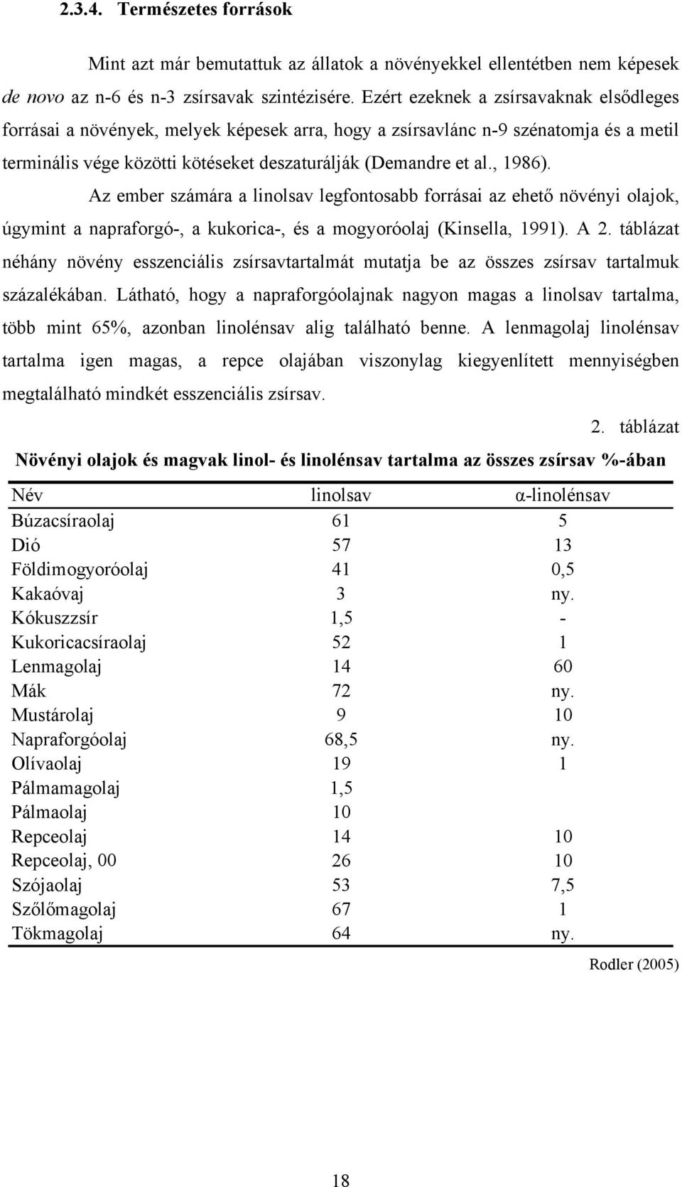 Az ember számára a linolsav legfontosabb forrásai az ehető növényi olajok, úgymint a napraforgó-, a kukorica-, és a mogyoróolaj (Kinsella, 1991). A 2.