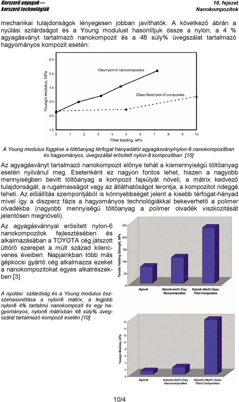 Young modulus függése a töltıanyag térfogat hányadától agyagásvány/nylon-6 nanokompozitban és hagyományos, üvegszállal erısített nylon-8 kompozitban [10] Az agyagásványt tartalmazó nanokompozit