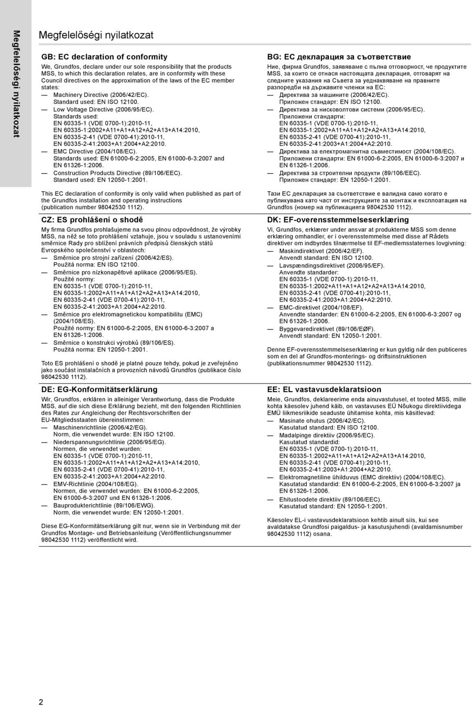 Standards used: EMC Directive (2004/108/EC). Standards used: EN 61000-6-2:2005, EN 61000-6-3:2007 and EN 61326-1:2006. Construction Products Directive (89/106/EEC). Standard used: EN 12050-1:2001.