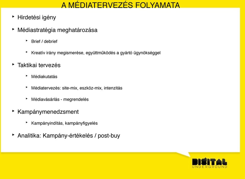 Médiakutatás Médiatervezés: site-mix, eszköz-mix, intenzitás Médiavásárlás -