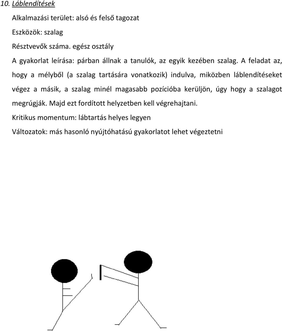 A feladat az, hogy a mélyből (a szalag tartására vonatkozik) indulva, miközben láblendítéseket végez a másik, a szalag minél