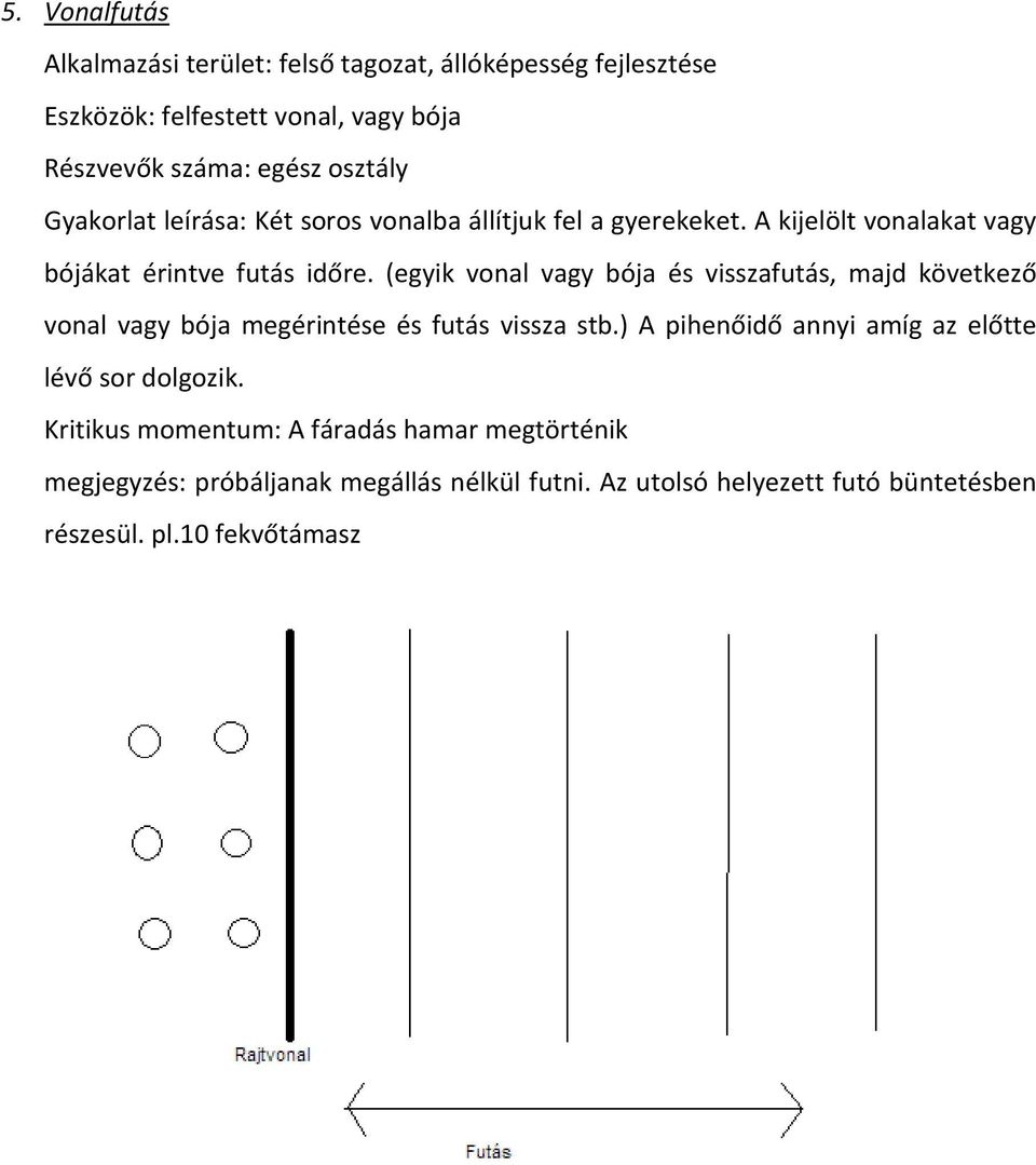 (egyik vonal vagy bója és visszafutás, majd következő vonal vagy bója megérintése és futás vissza stb.