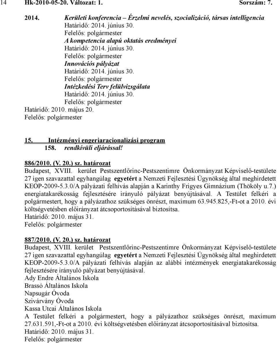 határozat 27 igen szavazattal egyhangúlag egyetért a Nemzeti Fejlesztési Ügynökség által meghirdetett KEOP-2009-5.3.0/A pályázati felhívás alapján a Karinthy Frigyes Gimnázium (Thököly u.7.) energiatakarékosság fejlesztésére irányuló pályázat benyújtásával.