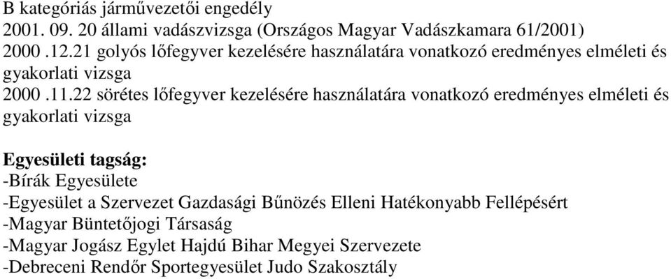 22 sörétes lıfegyver kezelésére használatára vonatkozó eredményes elméleti és gyakorlati vizsga Egyesületi tagság: -Bírák Egyesülete