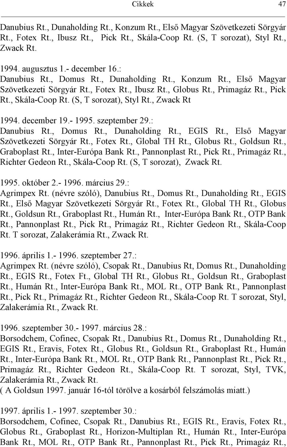 , Zwack Rt 1994. december 19.- 1995. szeptember 29.: Danubius Rt., Domus Rt., Dunaholding Rt., EGIS Rt., Els Magyar Szövetkezeti Sörgyár Rt., Fotex Rt., Global TH Rt., Globus Rt., Goldsun Rt.