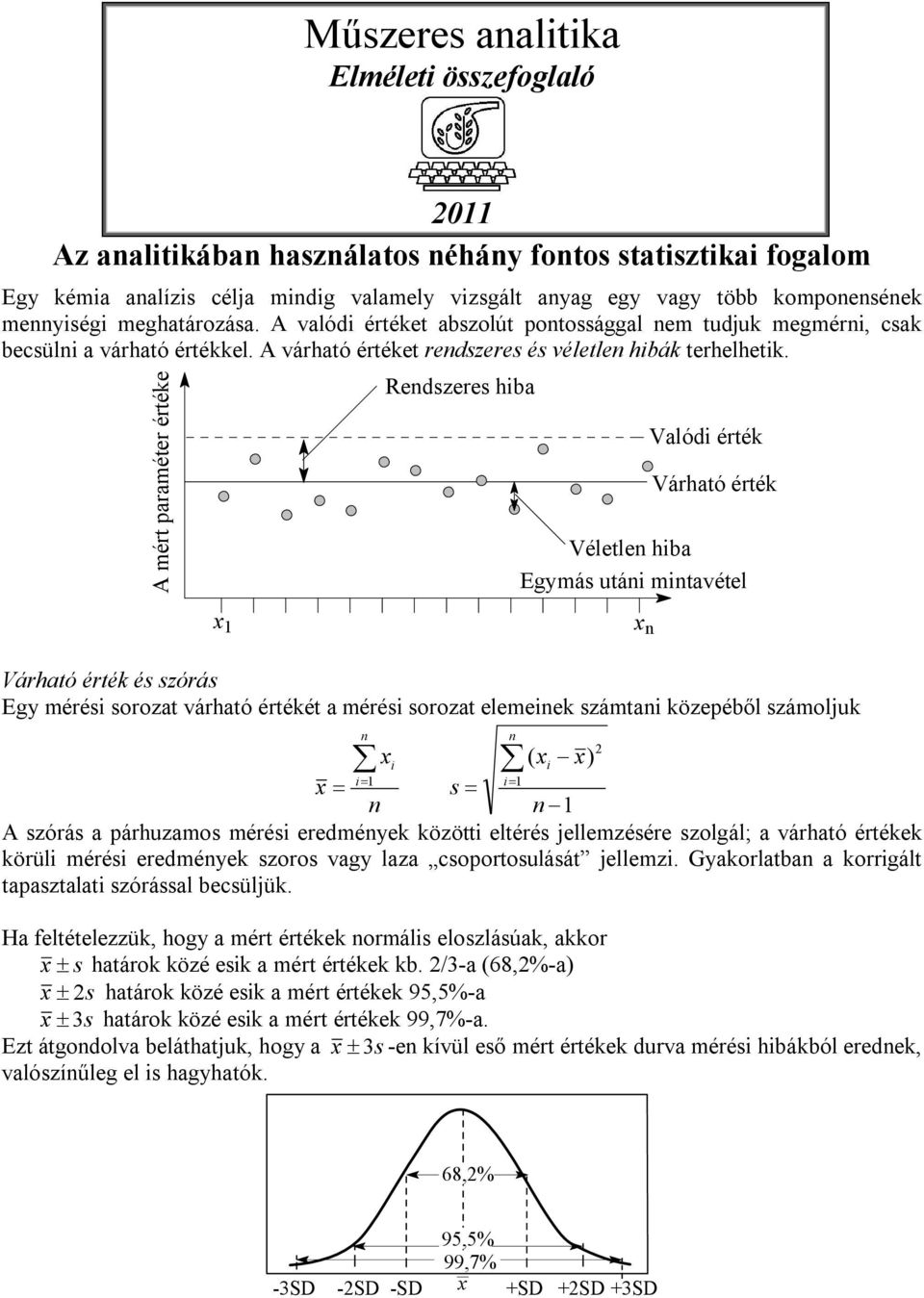 A mért paraméter értéke Rendszeres hiba Valódi érték Várható érték Véletlen hiba Egymás utáni mintavétel x 1 x n Várható érték és szórás Egy mérési sorozat várható értékét a mérési sorozat elemeinek