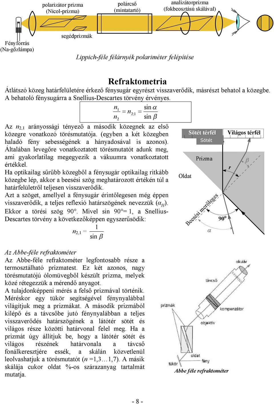 n1 sin n2;1 n sin Az n 2,1 arányossági tényező a második közegnek az első közegre vonatkozó törésmutatója. (egyben a két közegben haladó fény sebességének a hányadosával is azonos).