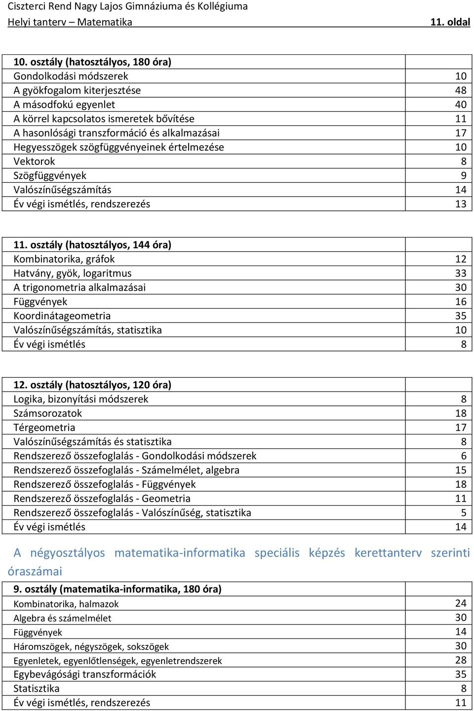 alkalmazásai 17 Hegyesszögek szögfüggvényeinek értelmezése 10 Vektorok 8 Szögfüggvények 9 Valószínűségszámítás 14 Év végi ismétlés, rendszerezés 13 11.