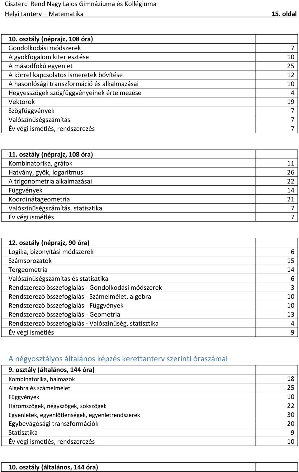 Hegyesszögek szögfüggvényeinek értelmezése 4 Vektorok 19 Szögfüggvények 7 Valószínűségszámítás 7 Év végi ismétlés, rendszerezés 7 11.