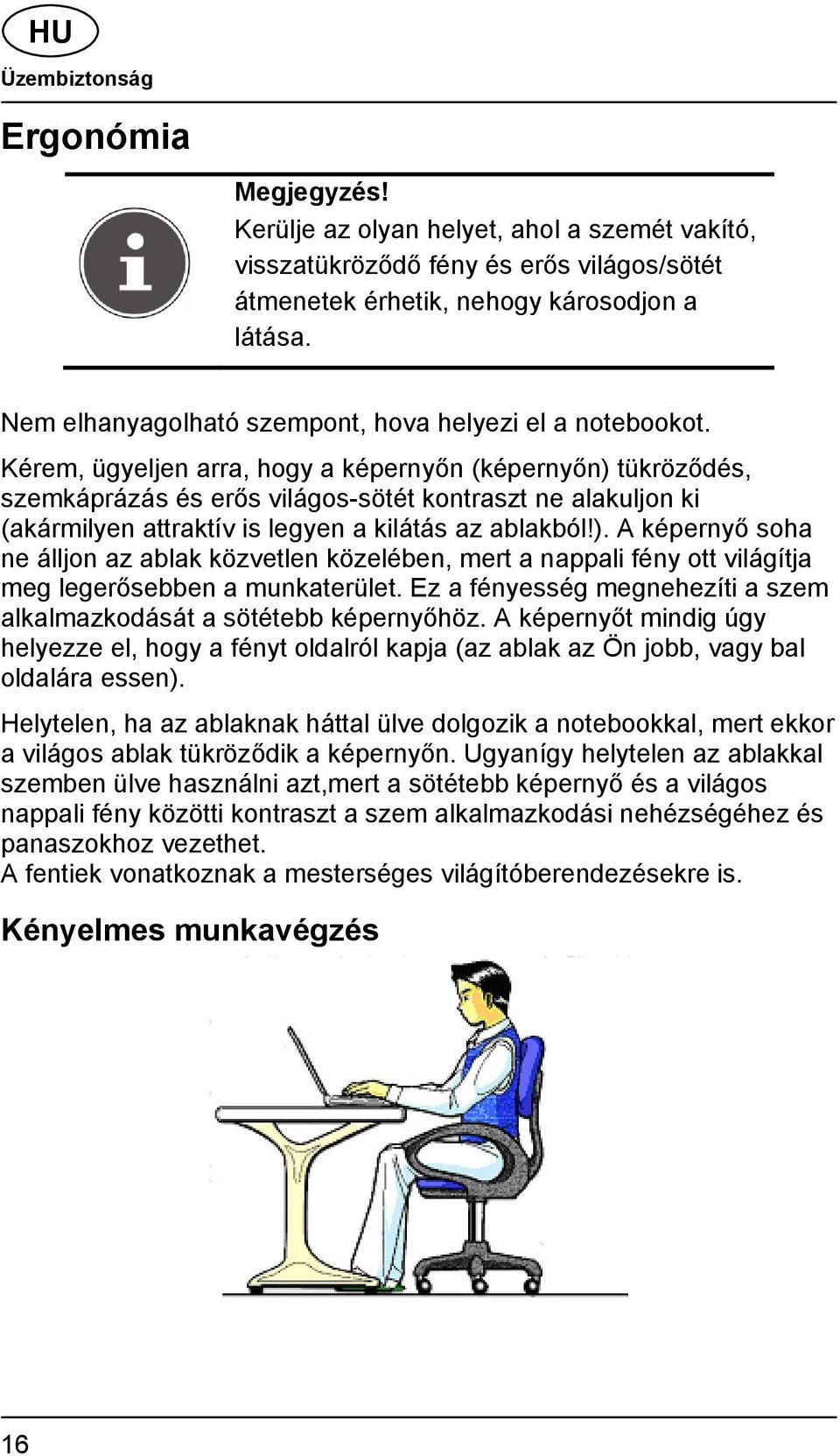 Kérem, ügyeljen arra, hogy a képernyőn (képernyőn) tükröződés, szemkáprázás és erős világos-sötét kontraszt ne alakuljon ki (akármilyen attraktív is legyen a kilátás az ablakból!). A képernyő soha ne álljon az ablak közvetlen közelében, mert a nappali fény ott világítja meg legerősebben a munkaterület.