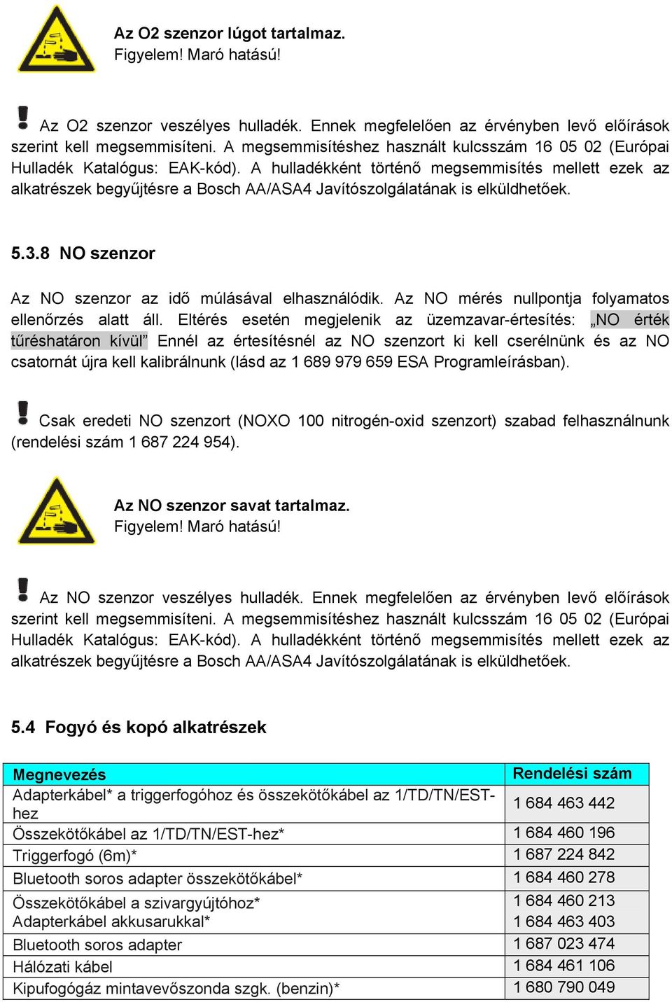 A hulladékként történő megsemmisítés mellett ezek az alkatrészek begyűjtésre a Bosch AA/ASA4 Javítószolgálatának is elküldhetőek. 5.3.8 NO szenzor Az NO szenzor az idő múlásával elhasználódik.