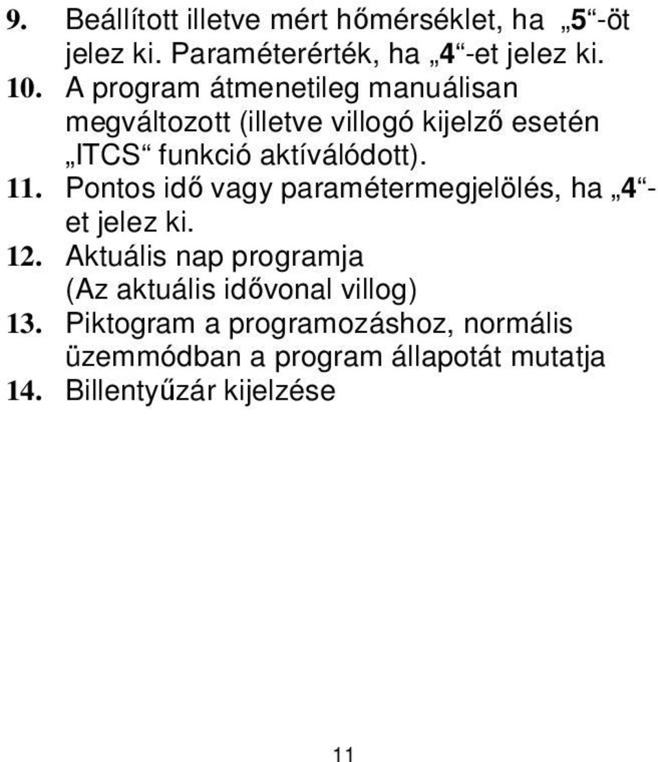 11. Pontos idő vagy paramétermegjelölés, ha 4 - et jelez ki. 12.