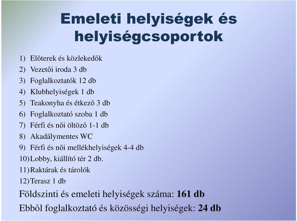 helyiségcsoportok 9) Férfi és nıi mellékhelyiségek 4-4 db 10)Lobby, kiállító tér 2 db.