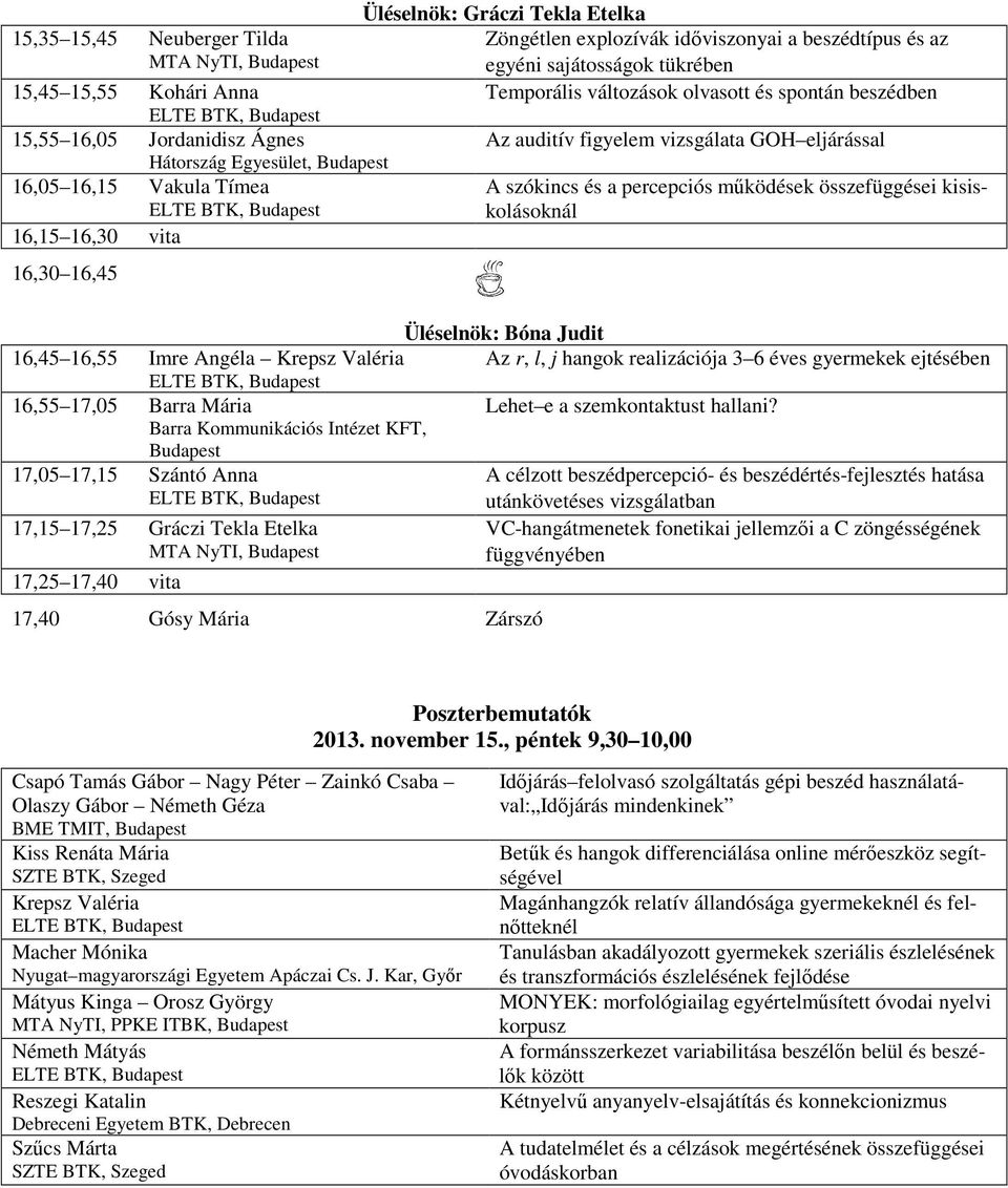 kisiskolásoknál 16,15 16,30 vita 16,30 16,45 Üléselnök: Bóna Judit 16,45 16,55 Imre Angéla Krepsz Valéria Az r, l, j hangok realizációja 3 6 éves gyermekek ejtésében 16,55 17,05 Barra Mária Lehet e a