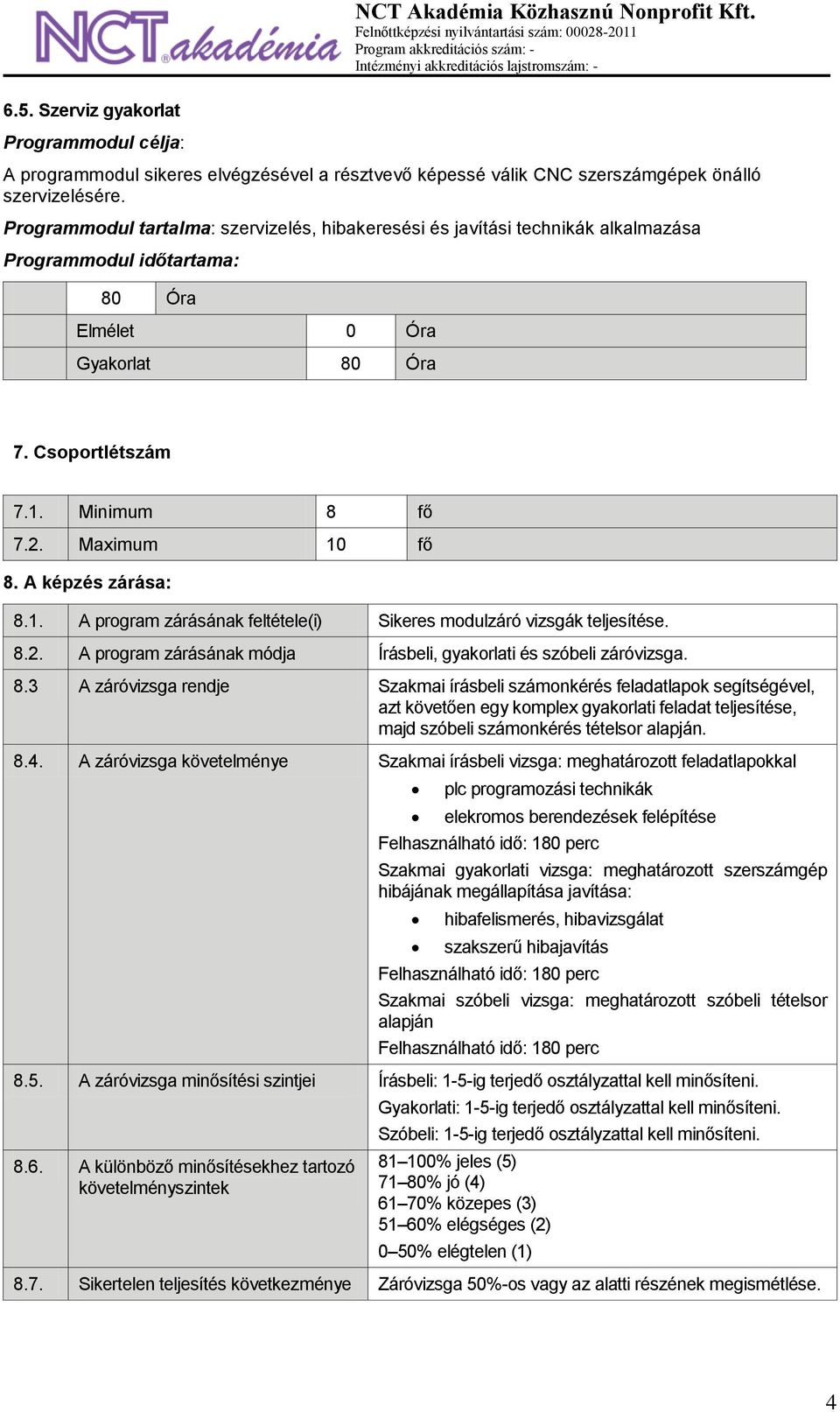 8.2. A program zárásának módja Írásbeli, gyakorlati és szóbeli záróvizsga. 8.