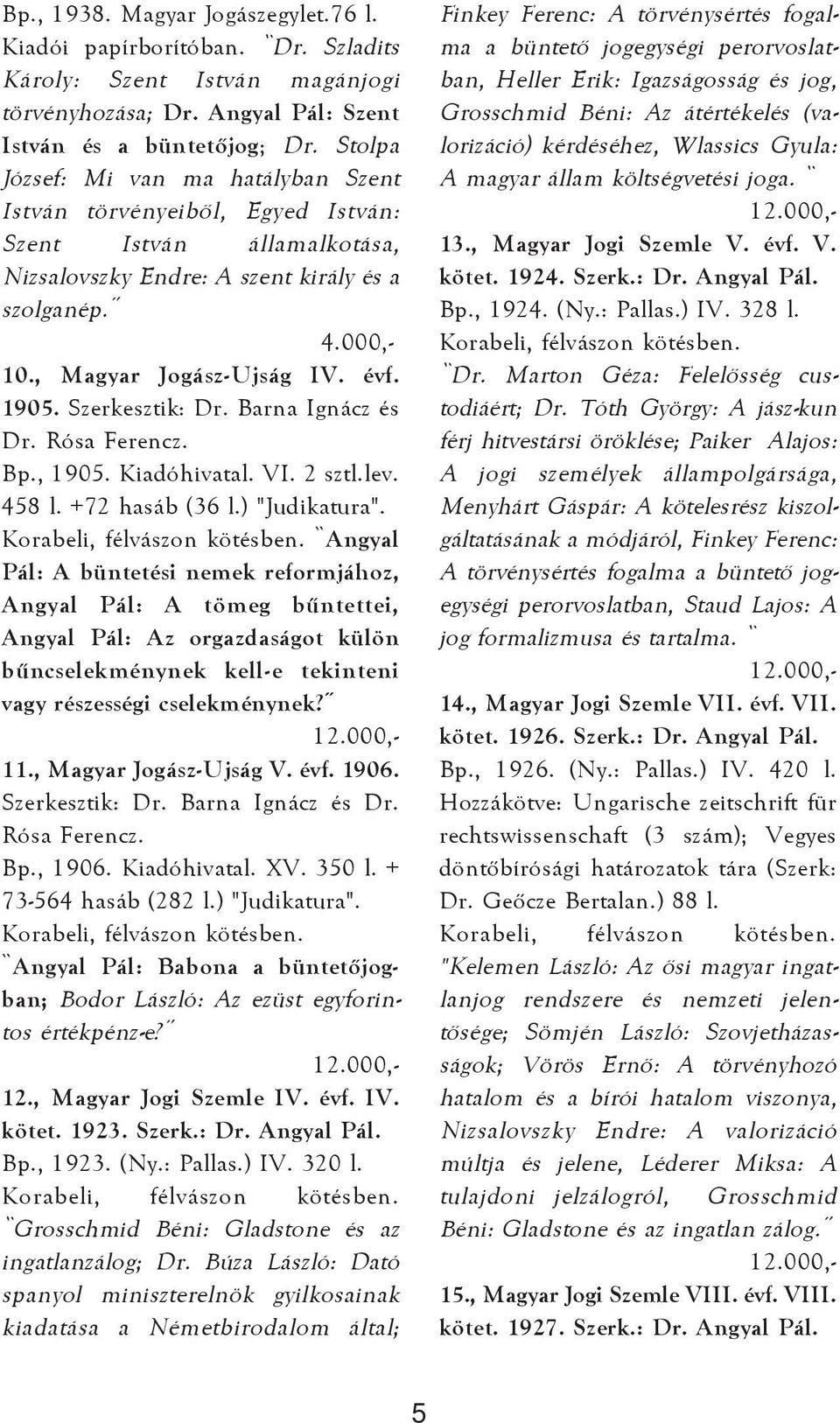 Szerkesztik: Dr. Barna Ignácz és Dr. Rósa Ferencz. Bp., 1905. Kiadóhivatal. VI. 2 sztl.lev. 458 l. +72 hasáb (36 l.) "Judikatura".