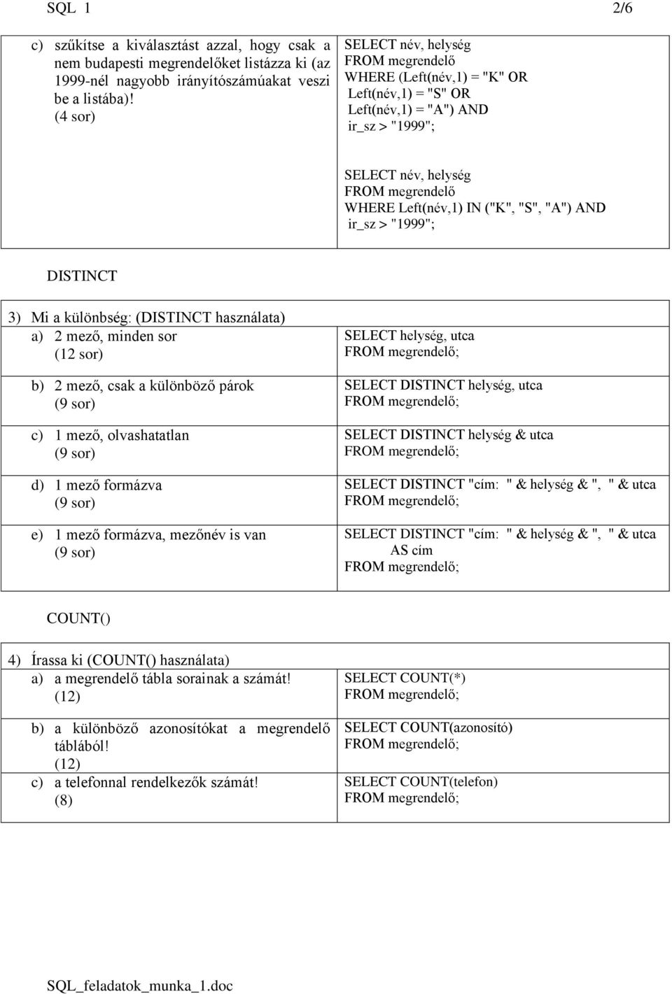 "A") AND ir_sz > "1999"; DISTINCT 3) Mi a különbség: (DISTINCT használata) a) 2 mező, minden sor (12 sor) b) 2 mező, csak a különböző párok (9 sor) c) 1 mező, olvashatatlan (9 sor) d) 1 mező formázva