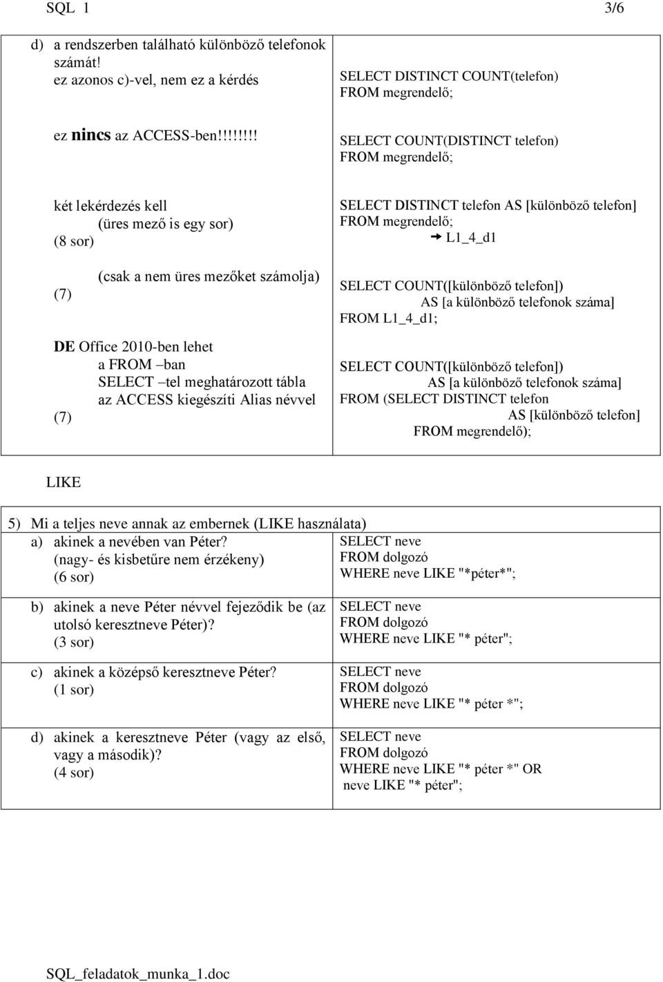 mezőket számolja) SELECT COUNT([különböző telefon]) AS [a különböző telefonok száma] FROM L1_4_d1; DE Office 2010-ben lehet a FROM ban SELECT tel meghatározott tábla az ACCESS kiegészíti Alias névvel