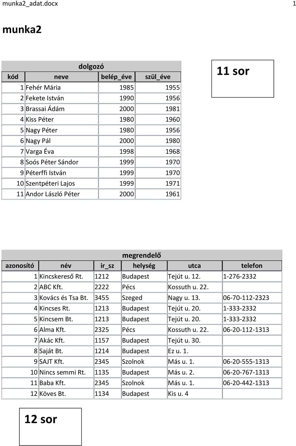 Éva 1998 1968 8 Soós Péter Sándor 1999 1970 9 Péterffi István 1999 1970 10 Szentpéteri Lajos 1999 1971 11 Andor László Péter 2000 1961 11 sor megrendelő azonosító név ir_sz helység utca telefon 1