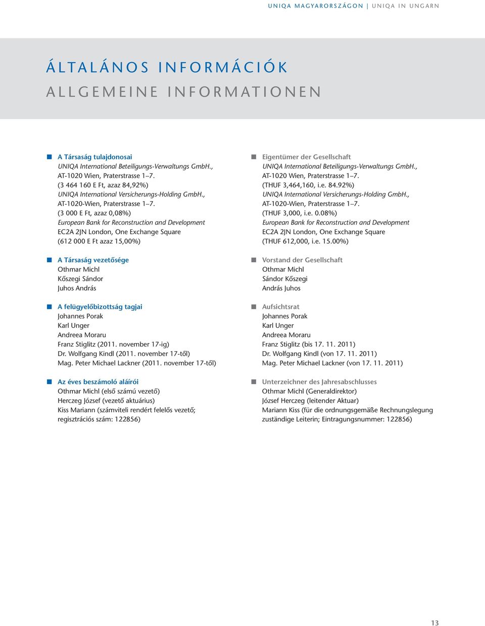 (3 000 e ft, azaz 0,08%) European Bank for Reconstruction and Development ec2a 2jn london, one exchange square (612 000 e ft azaz 15,00%) A Társaság vezetõsége othmar Michl Kőszegi sándor juhos
