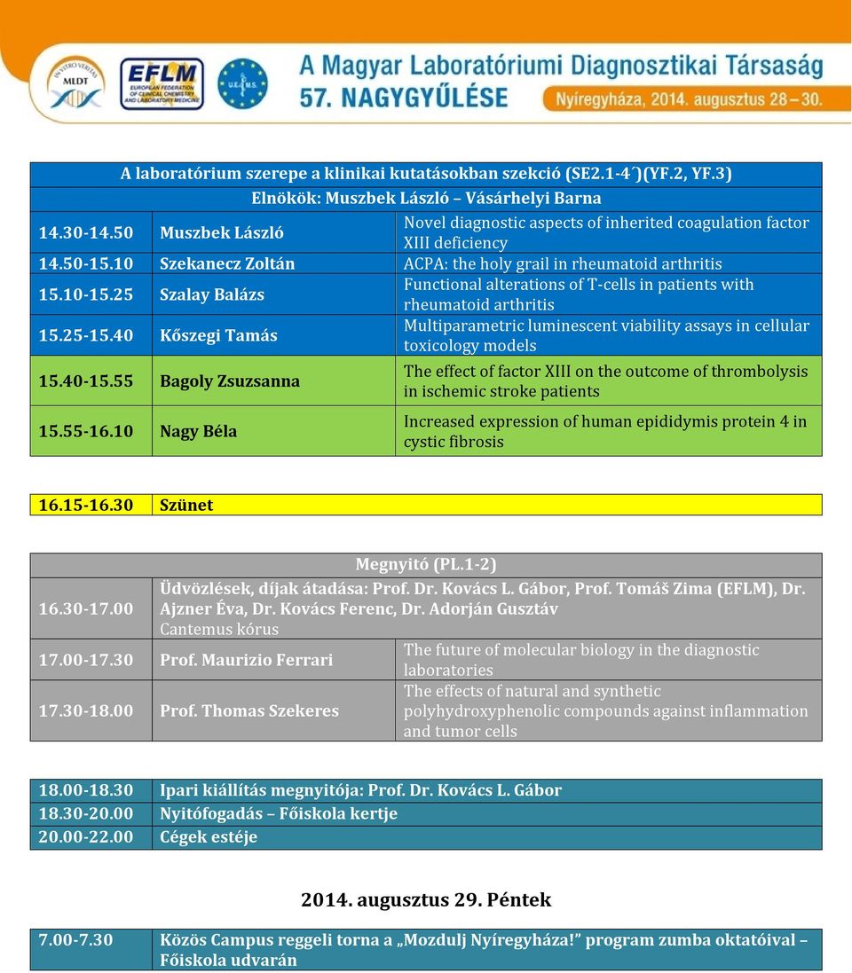 25 Szalay Balázs Functional alterations of T-cells in patients with rheumatoid arthritis 15.25-15.40 Kőszegi Tamás Multiparametric luminescent viability assays in cellular toxicology models 15.40-15.