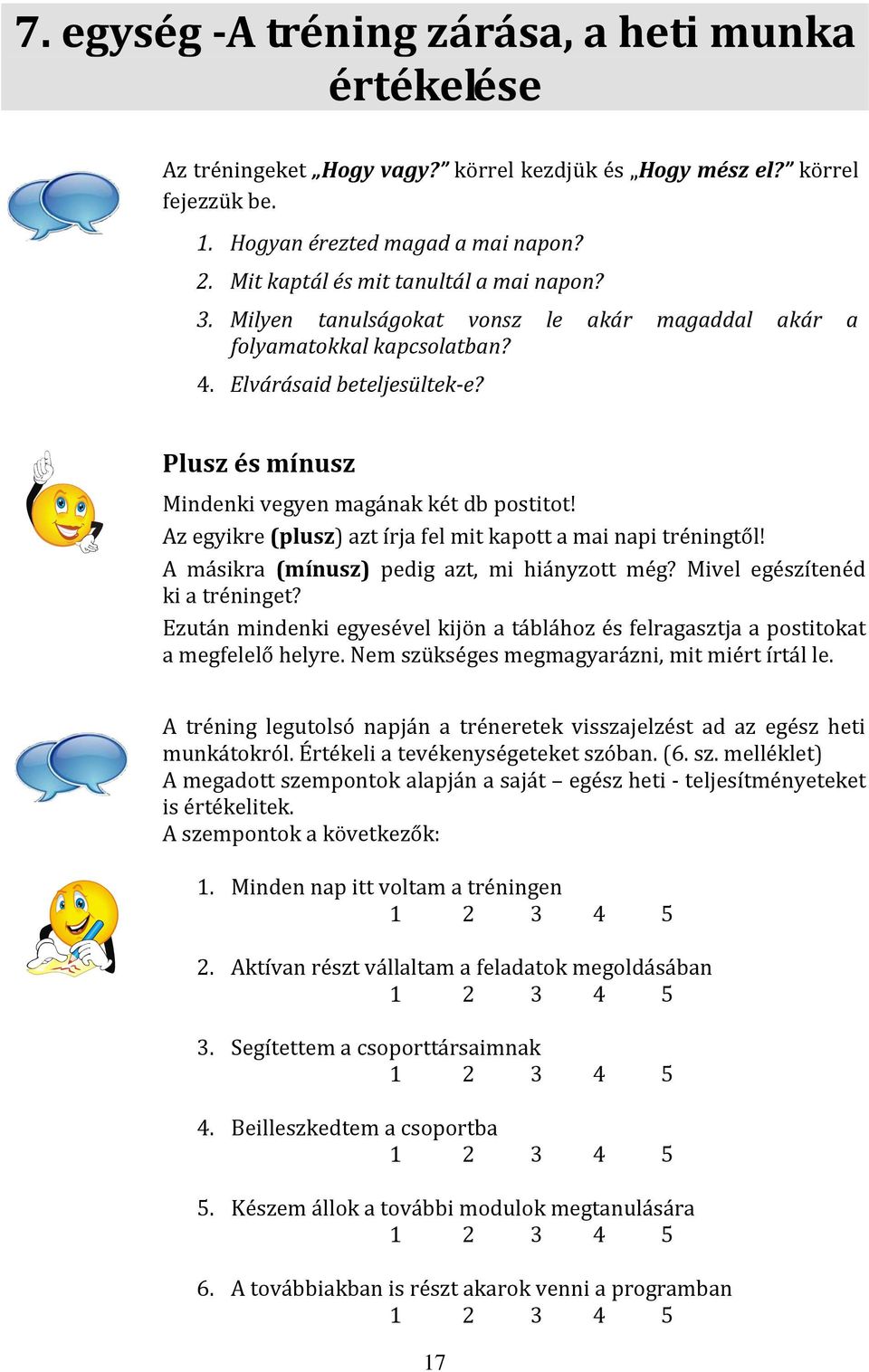 Plusz és mínusz Mindenki vegyen magának két db postitot! Az egyikre (plusz) azt írja fel mit kapott a mai napi tréningtől! A másikra (mínusz) pedig azt, mi hiányzott még?