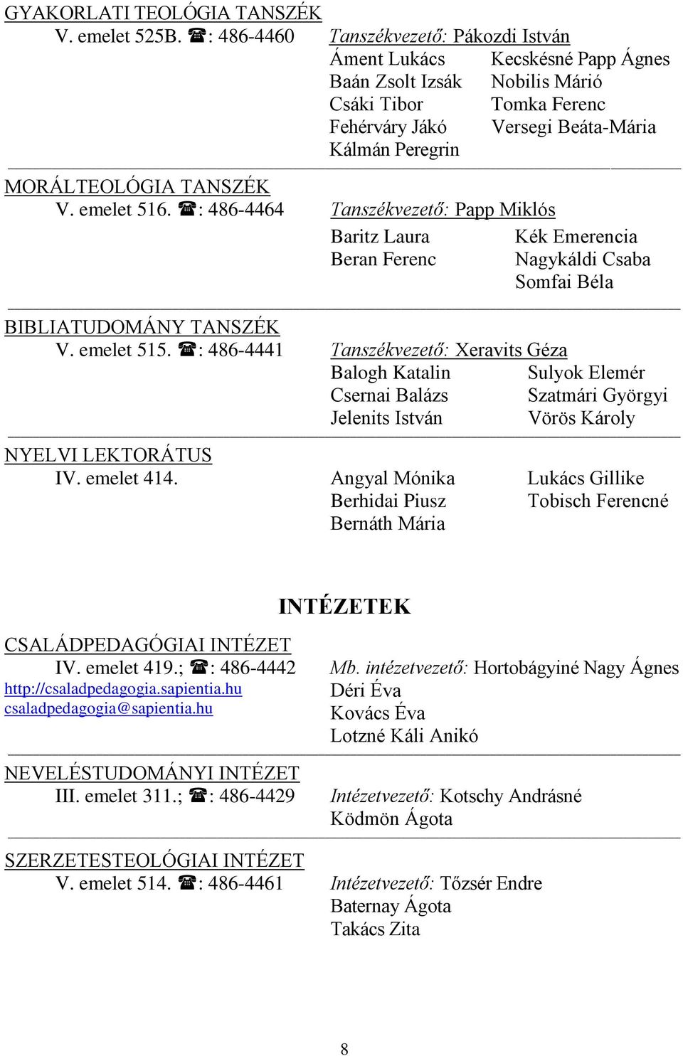 TANSZÉK V. emelet 516. : 486-4464 Tanszékvezető: Papp Miklós Baritz Laura Beran Ferenc Kék Emerencia Nagykáldi Csaba Somfai Béla BIBLIATUDOMÁNY TANSZÉK V. emelet 515.