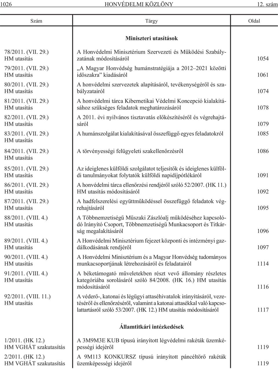 4.) HM utasítás 89/2011. (VIII. 4.) HM utasítás 90/2011. (VIII. 4.) HM utasítás 91/2011. (VIII. 4.) HM utasítás 92/2011. (VIII. 11.