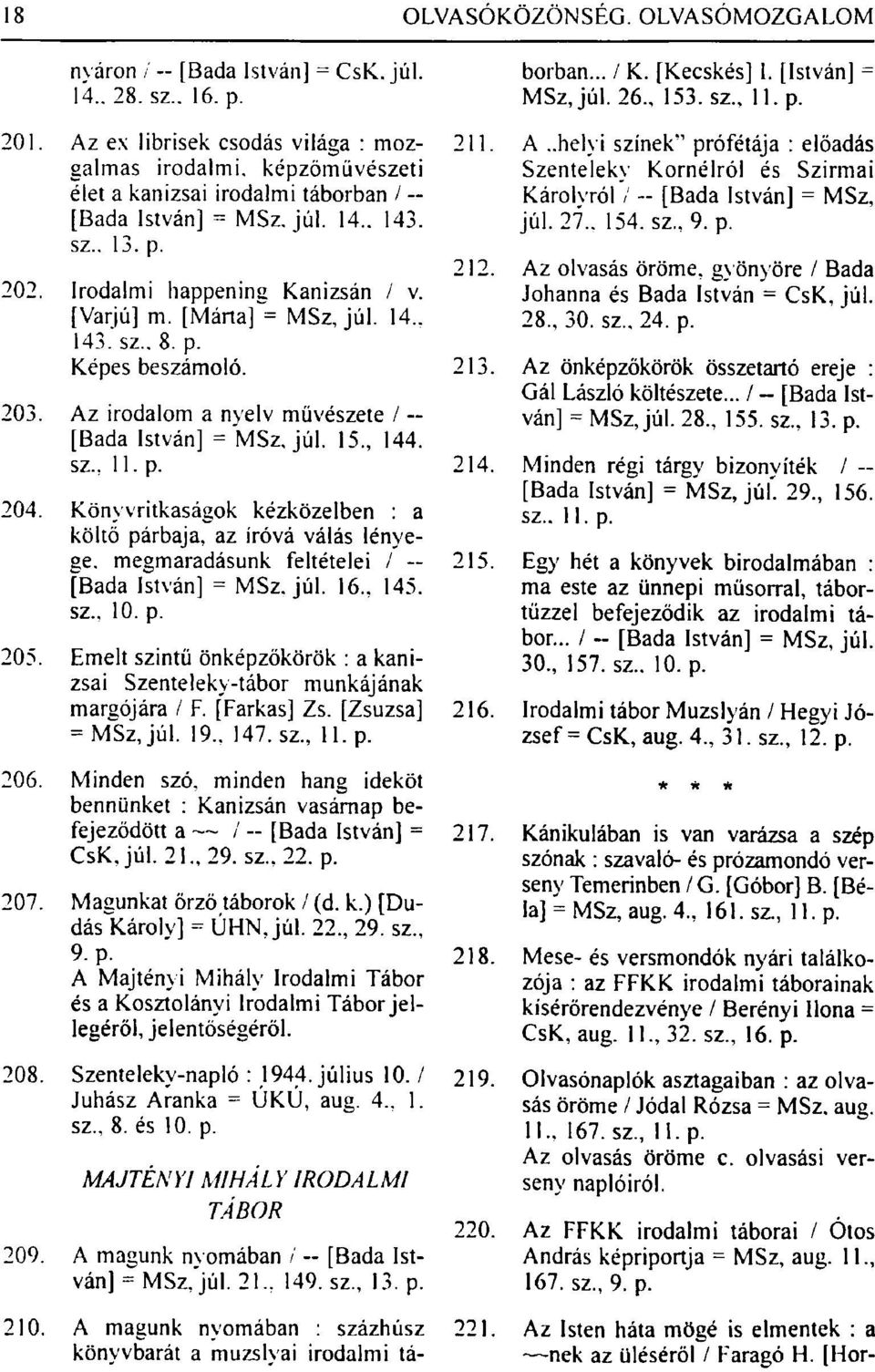 p. 204. Könyvritkaságok kézközeiben : a költő párbaja, az íróvá válás lényege, megmaradásunk feltételei / [Bada István] = MSz. júl. 16.. 145. sz.. 10. p. 205.