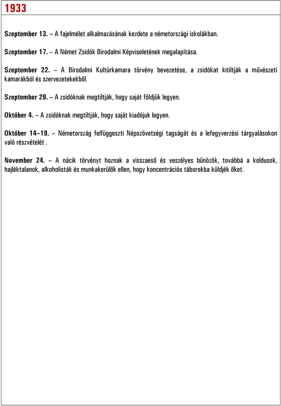 Október 4. A zsidóknak megtiltják, hogy saját kiadójuk legyen. Október 14 19. Németország felfüggeszti Népszövetségi tagságát és a lefegyverzési tárgyalásokon való részvételét.