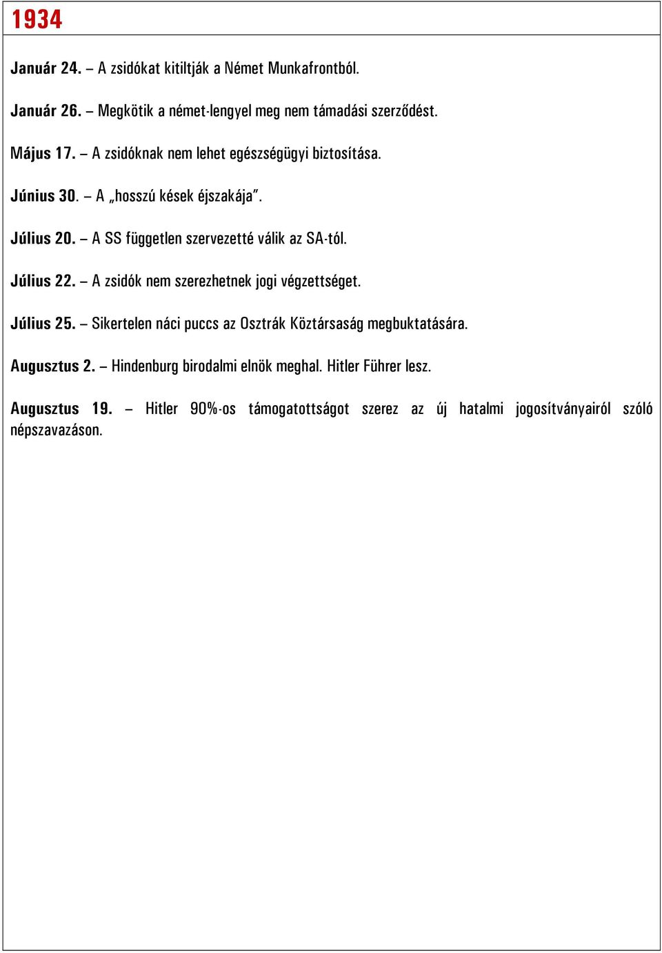 Július 22. A zsidók nem szerezhetnek jogi végzettséget. Július 25. Sikertelen náci puccs az Osztrák Köztársaság megbuktatására. Augusztus 2.