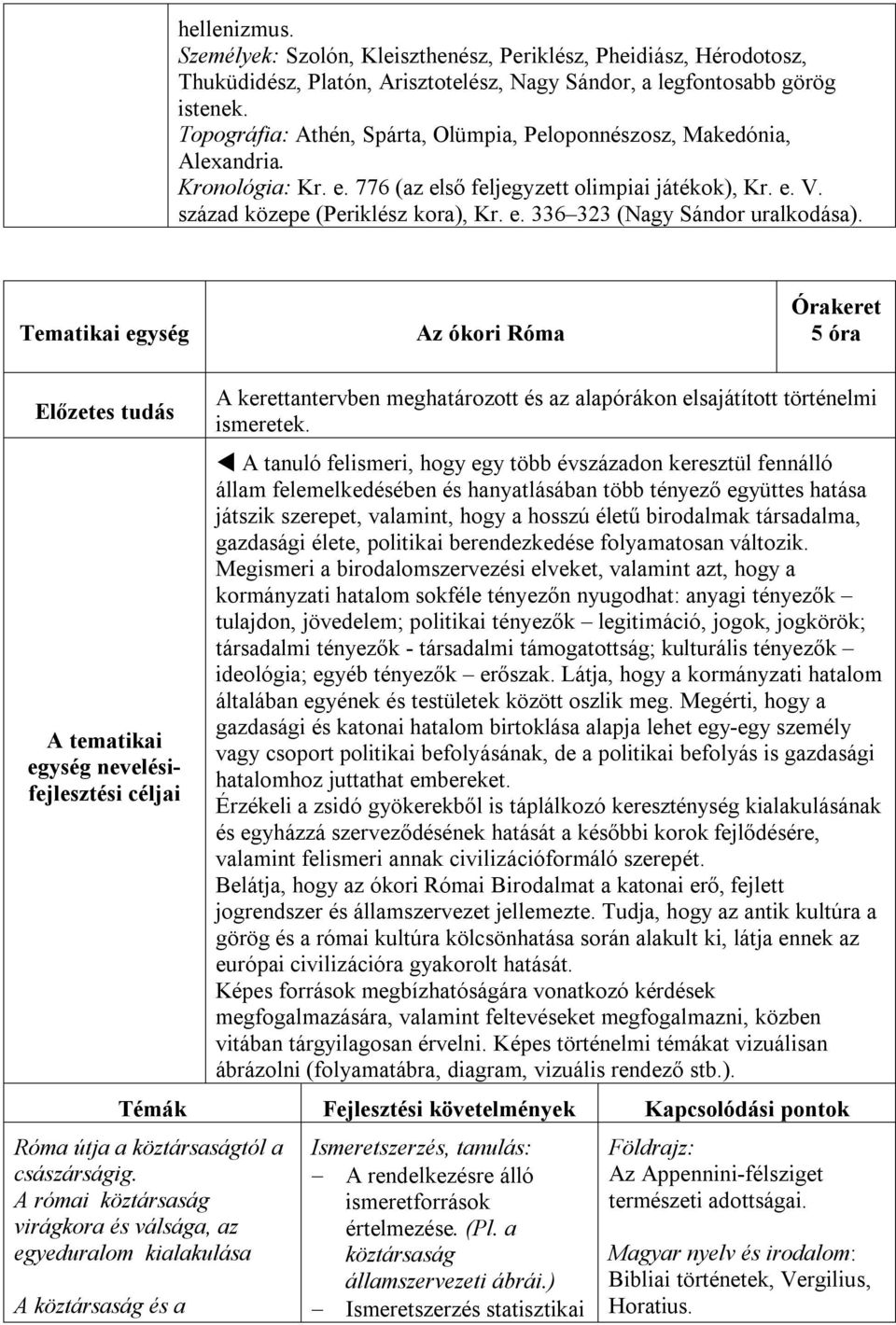 Tematikai egység Az ókori Róma Órakeret 5 óra Előzetes tudás A tematikai egység nevelésifejlesztési céljai A kerettantervben meghatározott és az alapórákon elsajátított történelmi ismeretek.