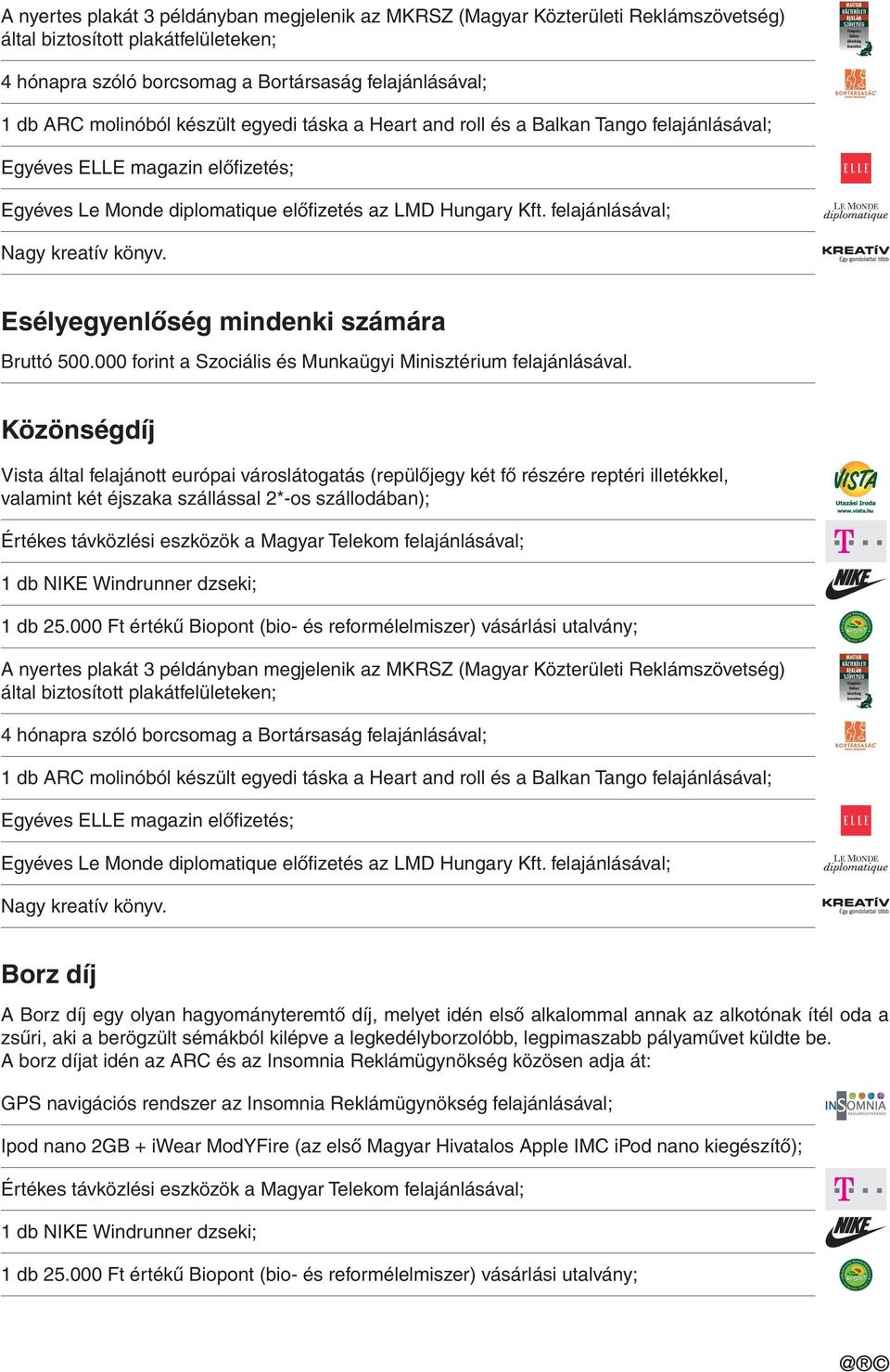 az MKRSZ (Magyar Közterületi Reklámszövetség) Borz díj A Borz díj egy olyan hagyományteremtő díj, melyet idén első alkalommal annak az alkotónak ítél oda a zsűri, aki a berögzült sémákból kilépve a