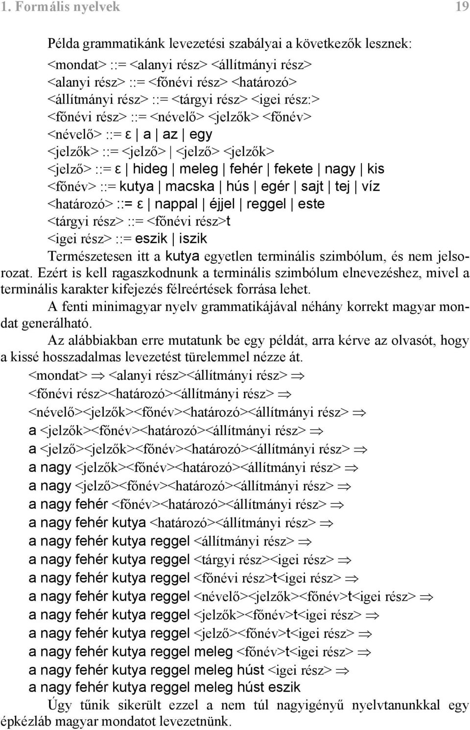 macska hús egér sajt tej víz <határozó> ::= ε nappal éjjel reggel este <tárgyi rész> ::= <főnévi rész>t <igei rész> ::= eszik iszik Természetesen itt a kutya egyetlen terminális szimbólum, és nem