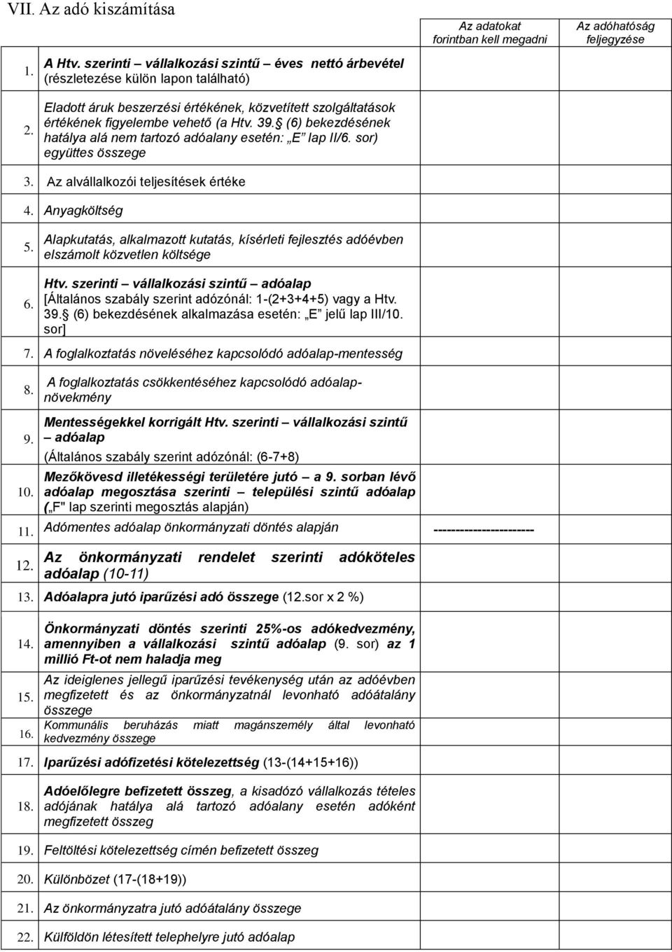 Az alvállalkozói teljesítések értéke 4. Anyagköltség 5. 6. Alapkutatás, alkalmazott kutatás, kísérleti fejlesztés adóévben elszámolt közvetlen költsége Htv.